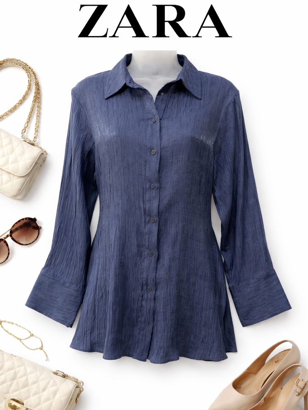 Zara Navy blue shimmery button down‎ S